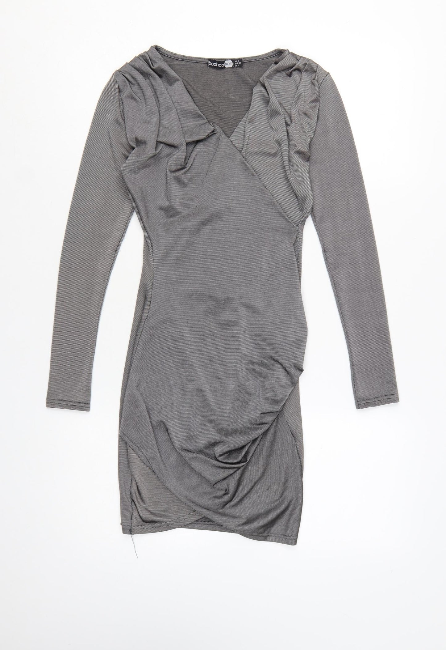 Boohoo Women Grey Bodycon Ruched V-Neck Long Sleeve Short Dress Size 6
