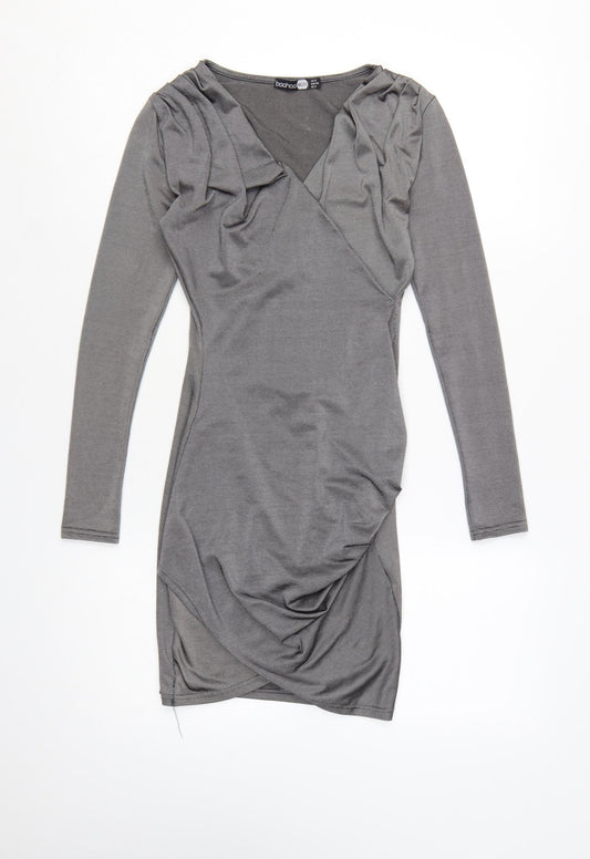 Boohoo Women Grey Bodycon Ruched V-Neck Long Sleeve Short Dress Size 6