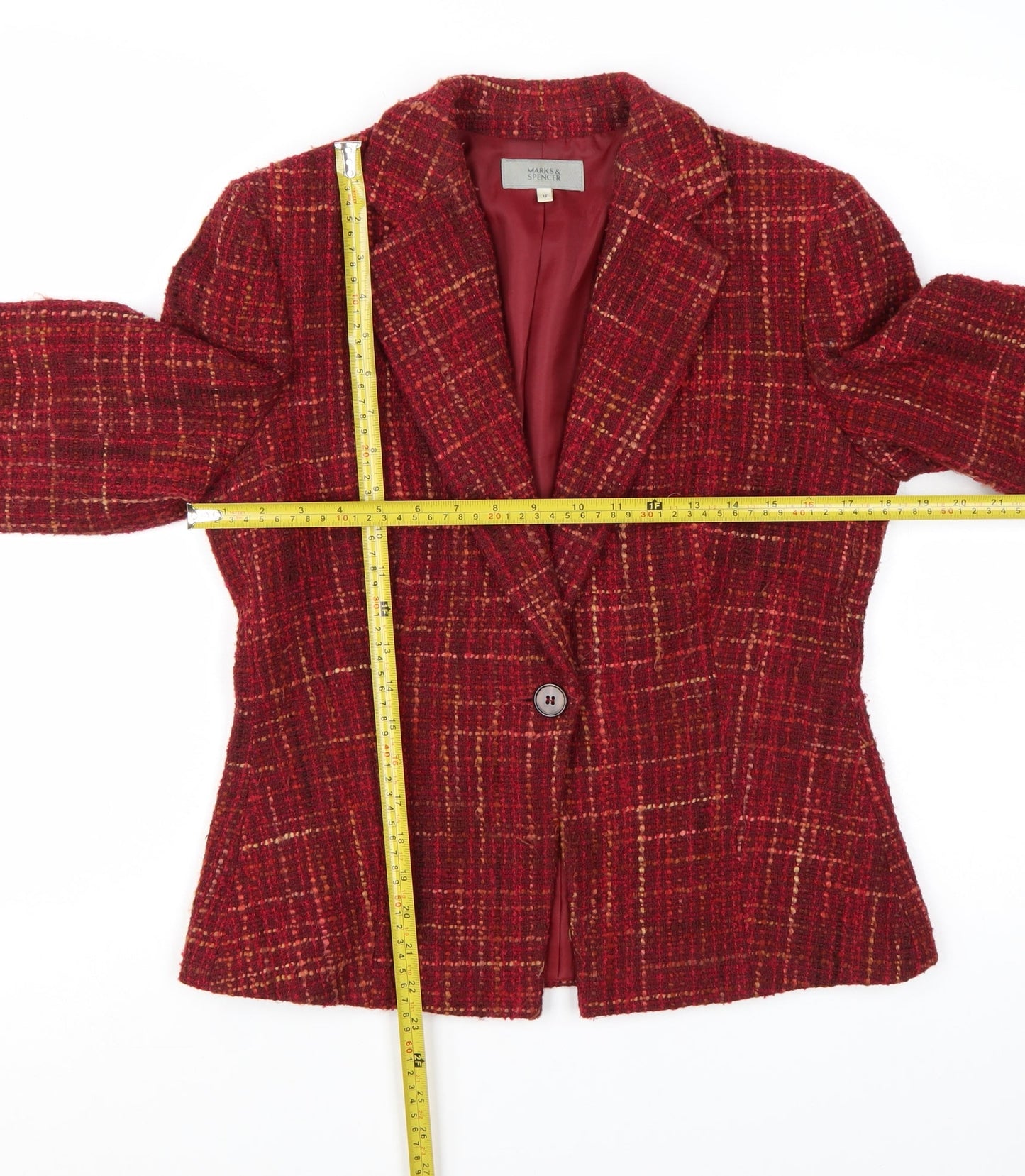 Marks and Spencer Women Red Mix Wool Blend Tweed Single-Breasted Blazer UK 12