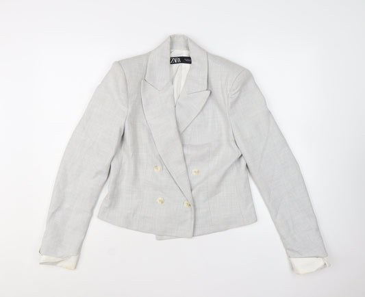Zara Women Grey Double-Breasted Blazer Jacket Size S Tailored Workwear