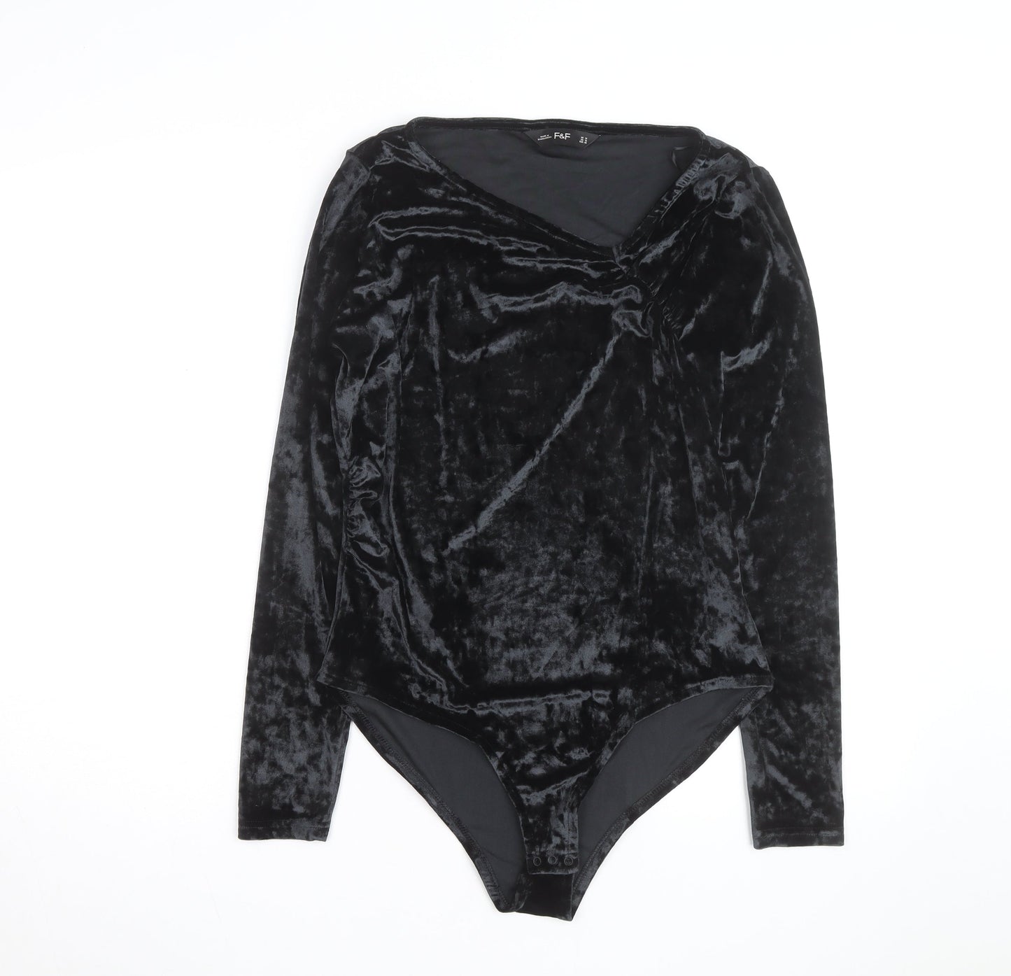 F&F Women Black Velvet Long Sleeve Bodysuit UK 14 V-Neck
