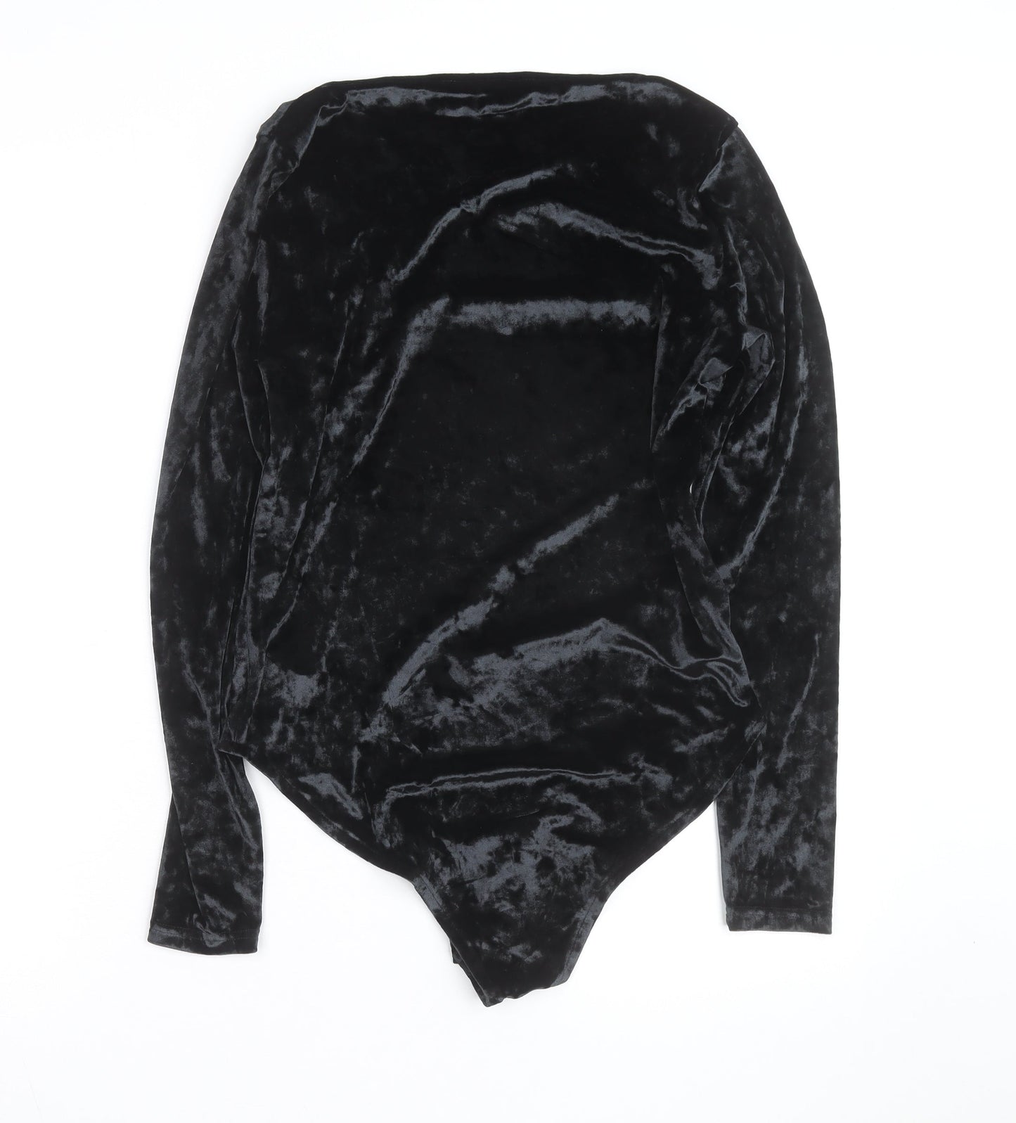 F&F Women Black Velvet Long Sleeve Bodysuit UK 14 V-Neck