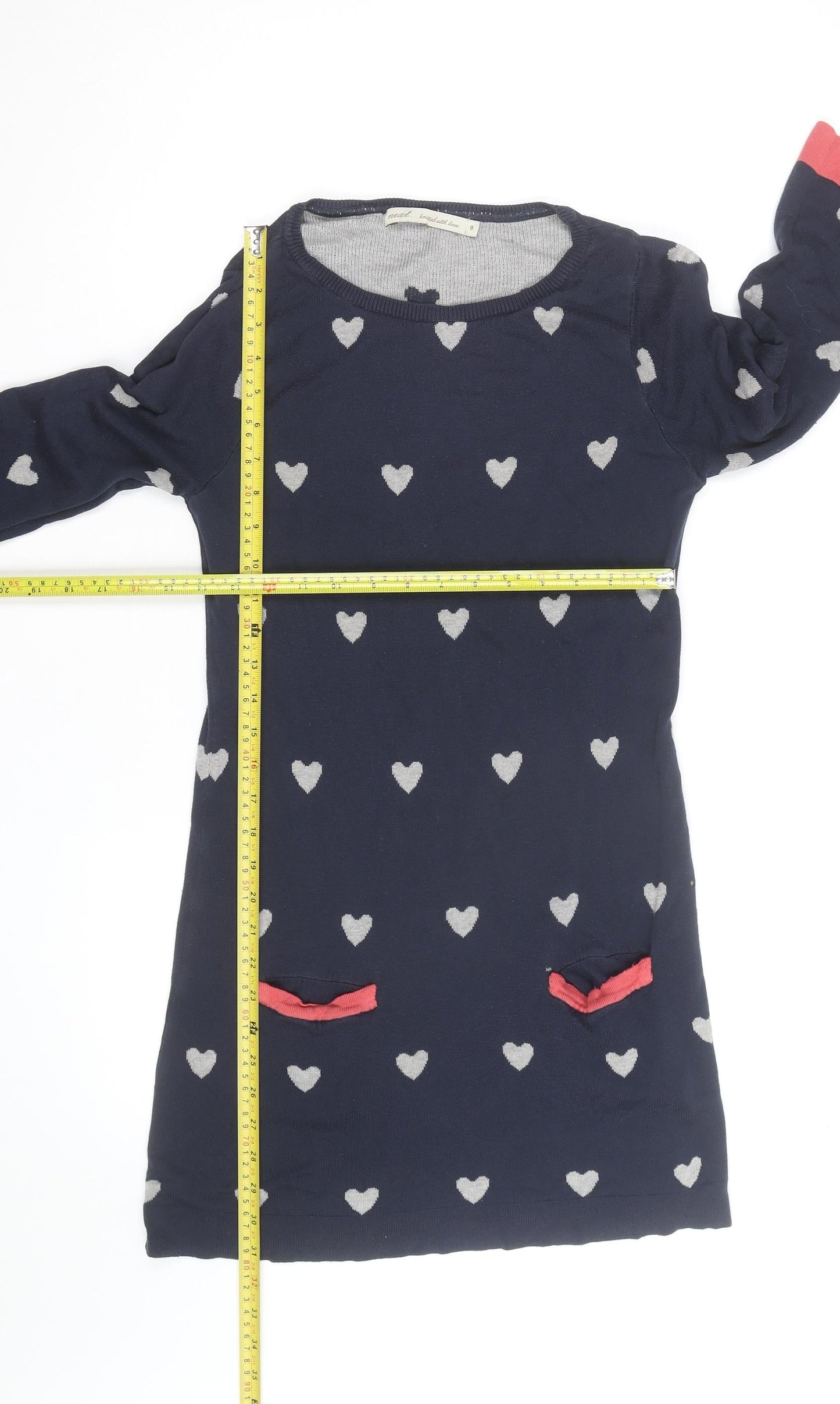 Next Women Blue Heart Knit Shift Dress Size 8 Long Sleeve
