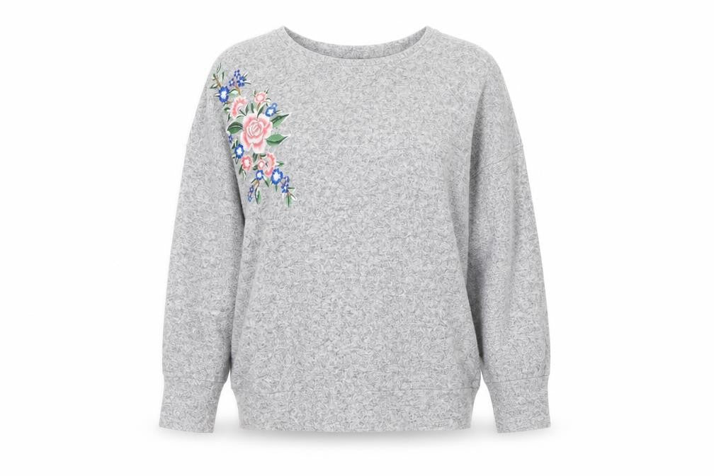Front view of Dorothy Perkins Women's Grey Embroidered Floral Knit Jumper UK14