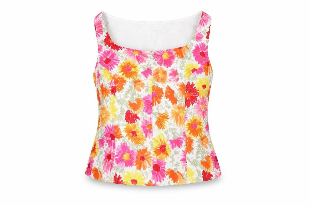Front view of Kaliko Women’s Multicoloured Floral Linen Blend Sleeveless Blouse, size UK 14
