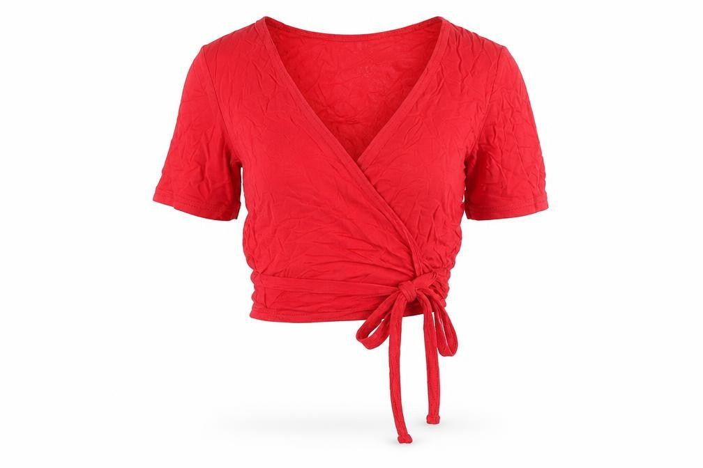 Front view of Missguided women’s red wrap tie blouse uk 4 v-neck short sleeve top