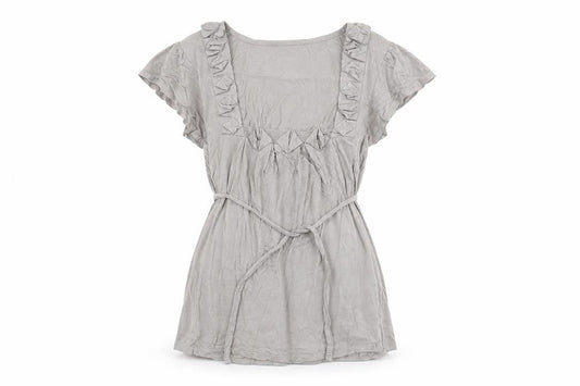 Warehouse Women’s Beige Ruffle Tunic Blouse Size 8 Short Sleeve