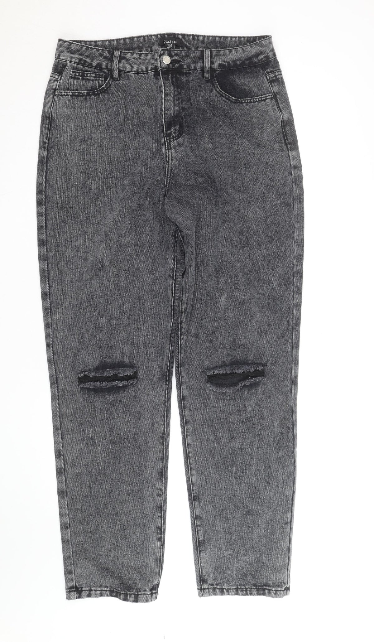 Boohoo Womens Grey Acid Wash Mom Jeans Size 16 Tall Distressed