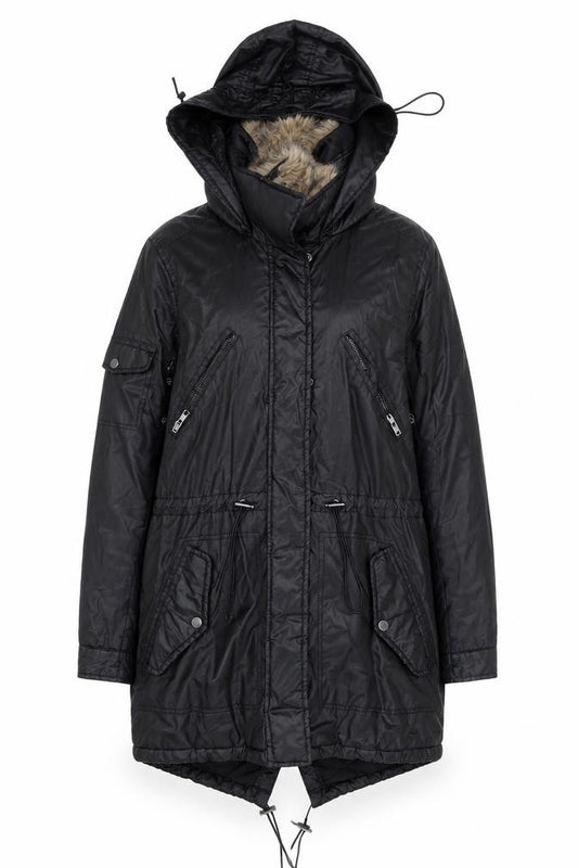 Papaya Women Black Faux Leather Fur Trim Parka Coat Size 10