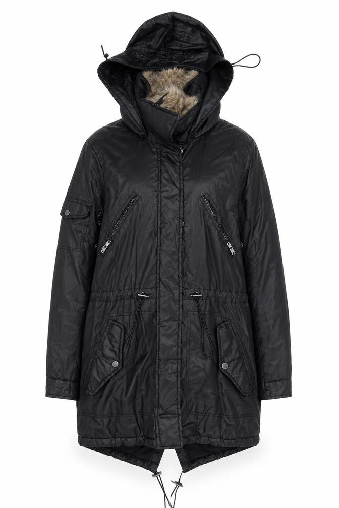 Front view of Papaya Women Black Faux Leather Fur Trim Parka Coat, size 10