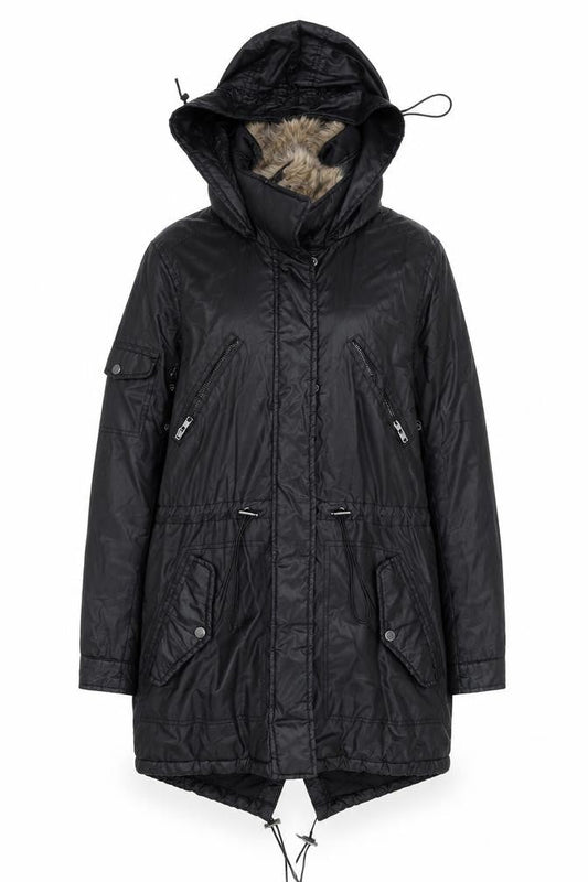 Front view of Papaya Women Black Faux Leather Fur Trim Parka Coat, size 10