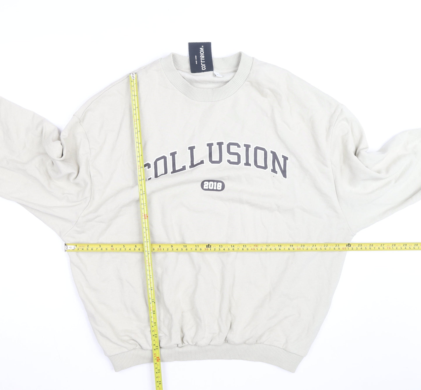 Collusion Men Beige Crew Neck Pullover Sweatshirt M