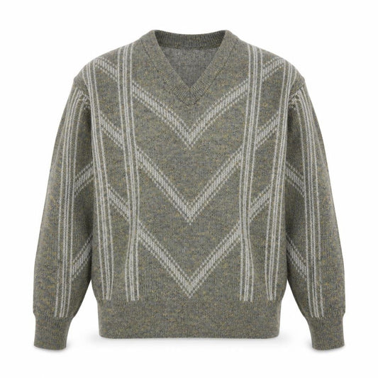 Strickschön Men’s Grey Wool Blend V-Neck Geometric Jumper XL
