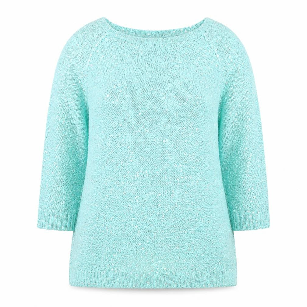 Bonmarché Women's Green Sequin Knit Boat Neck 3/4 Sleeve Jumper M