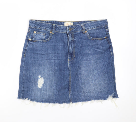 F&F Women’s Blue Denim Short Skirt Size 12 Frayed Hem Casual