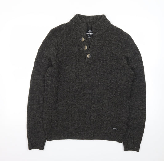 Threadbare Men's Grey Henley Wool Blend Jumper Size S