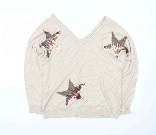 Next Womens Beige Sequin Star V-Neck Jumper Size 12