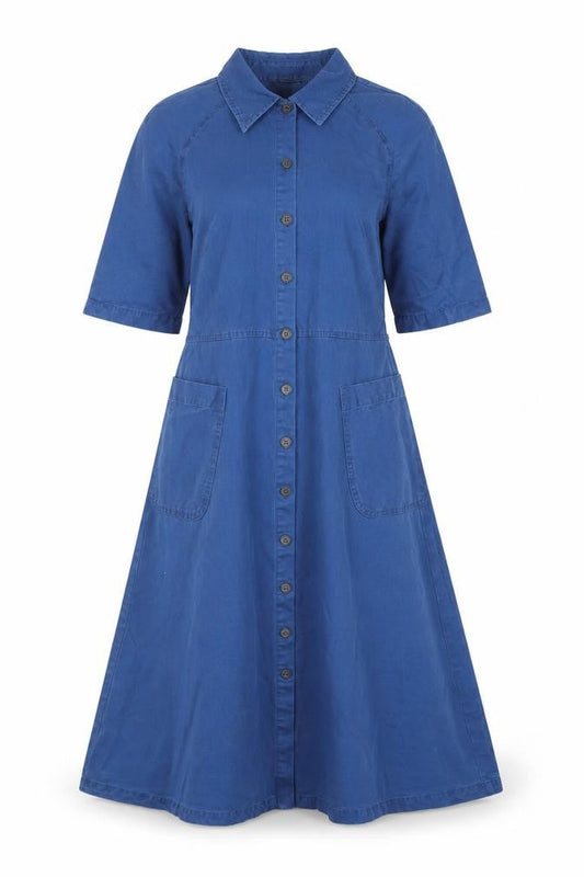 Finery Women Blue Cotton Linen Midi Shirt Dress UK 6