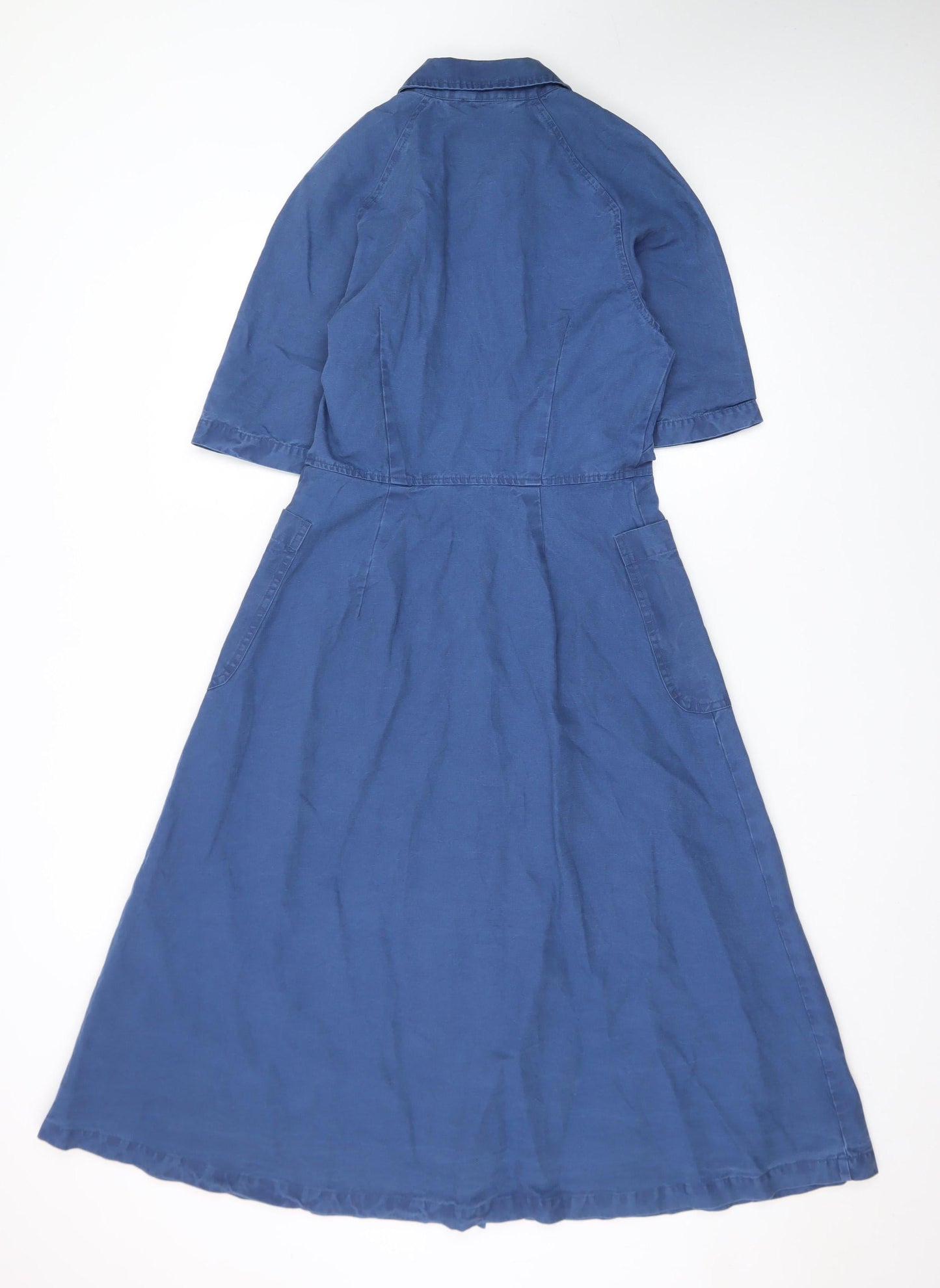 Finery Women Blue Cotton Linen Midi Shirt Dress UK 6