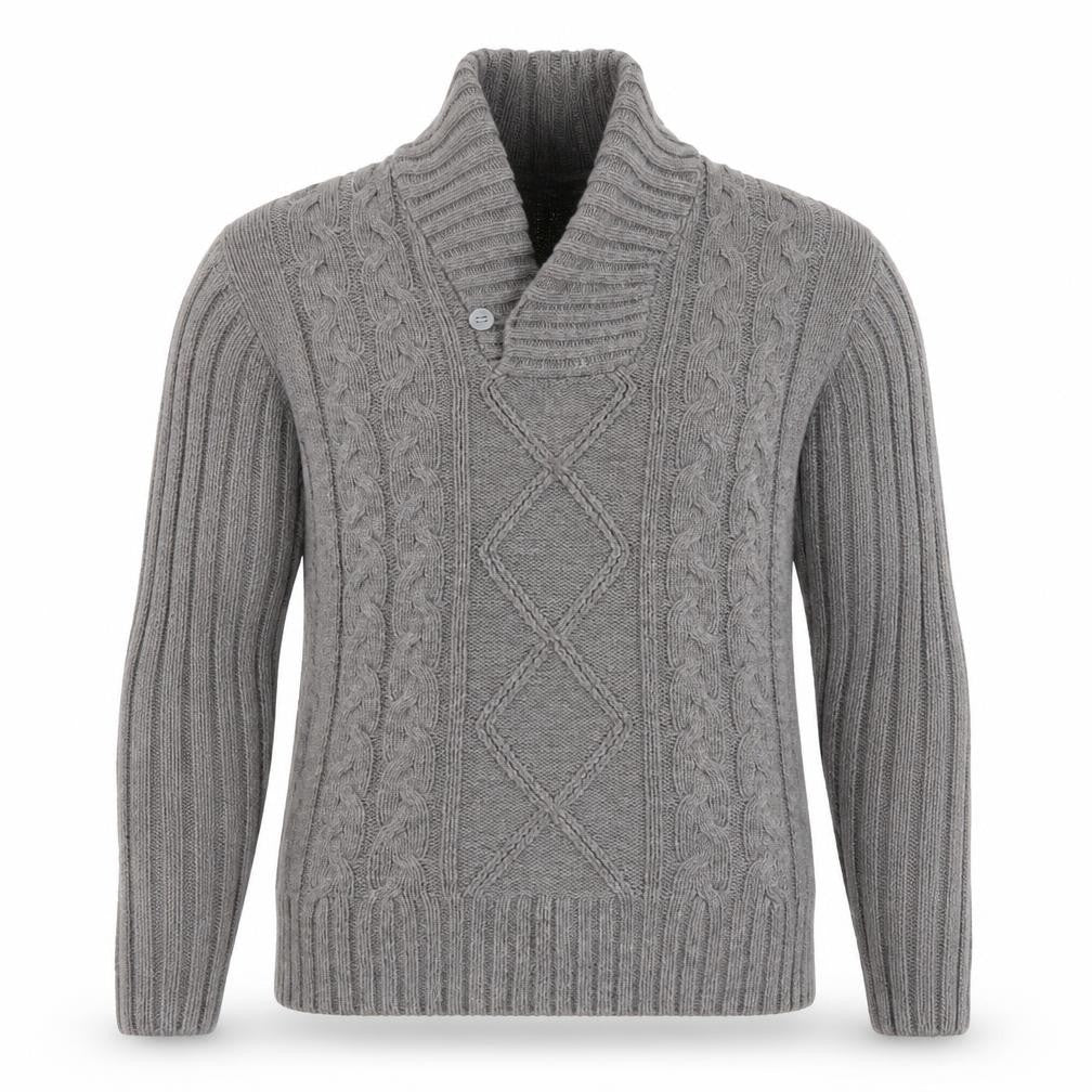 Front view of Lee Cooper Men's Grey 2XL Cable-Knit Shawl Collar Jumper
