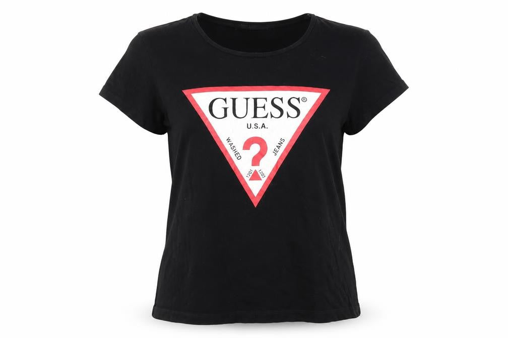 Front view of Guess Women’s Black Cotton Logo T-Shirt, size UK 4, Short Sleeve