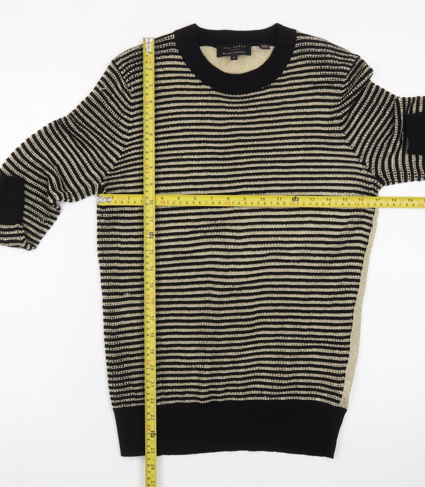Ted Baker Women's Gold Striped Crew Neck Long Sleeve Jumper Size 12