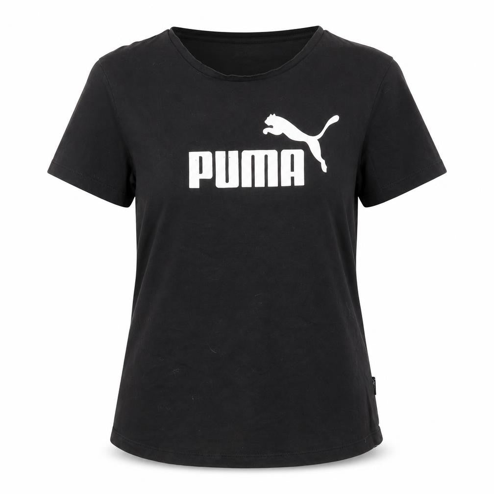 Front view of Puma women’s black crew neck logo t-shirt, size UK 14