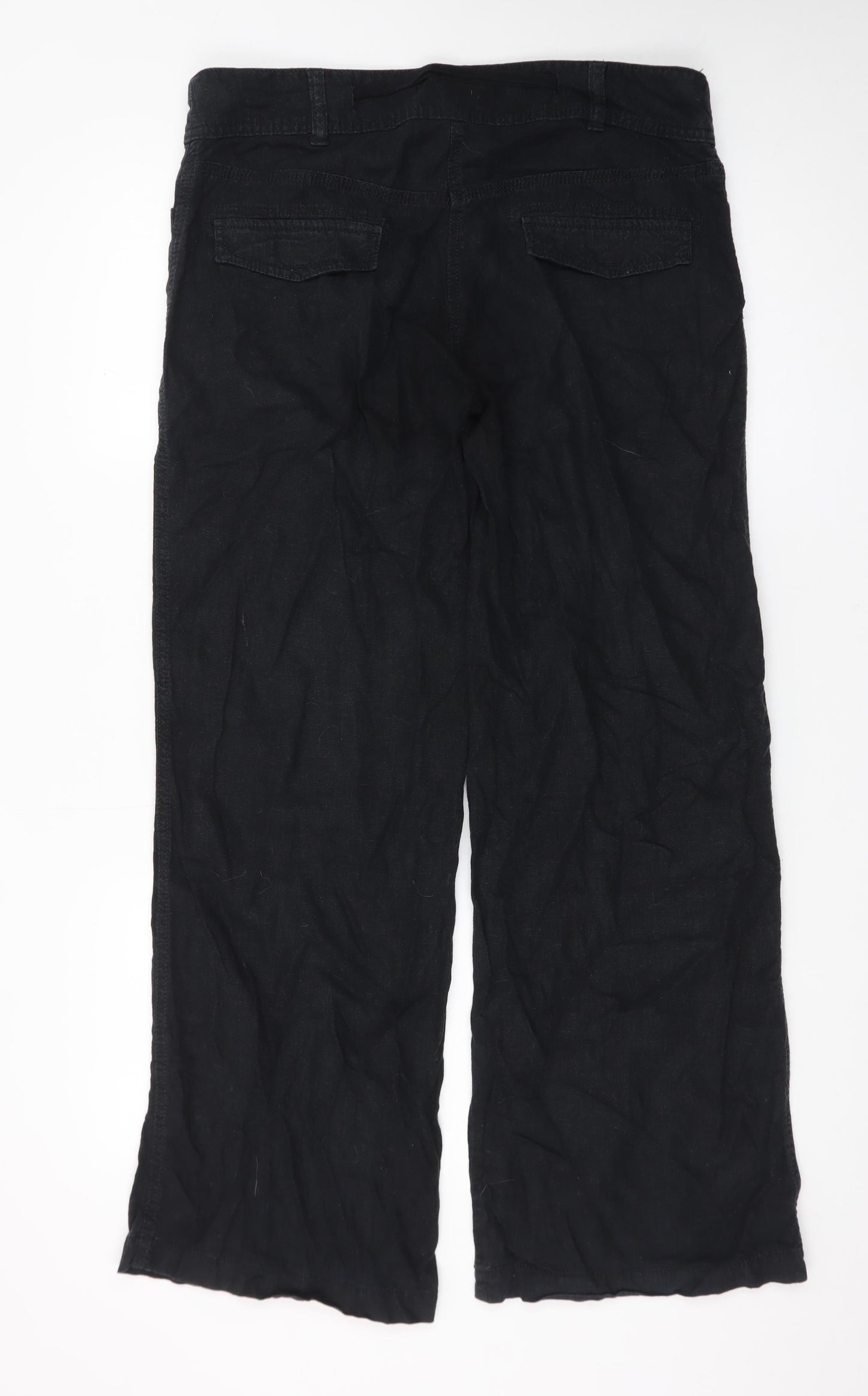 Next Women Black Linen Blend Wide-Leg Trousers Size 12R