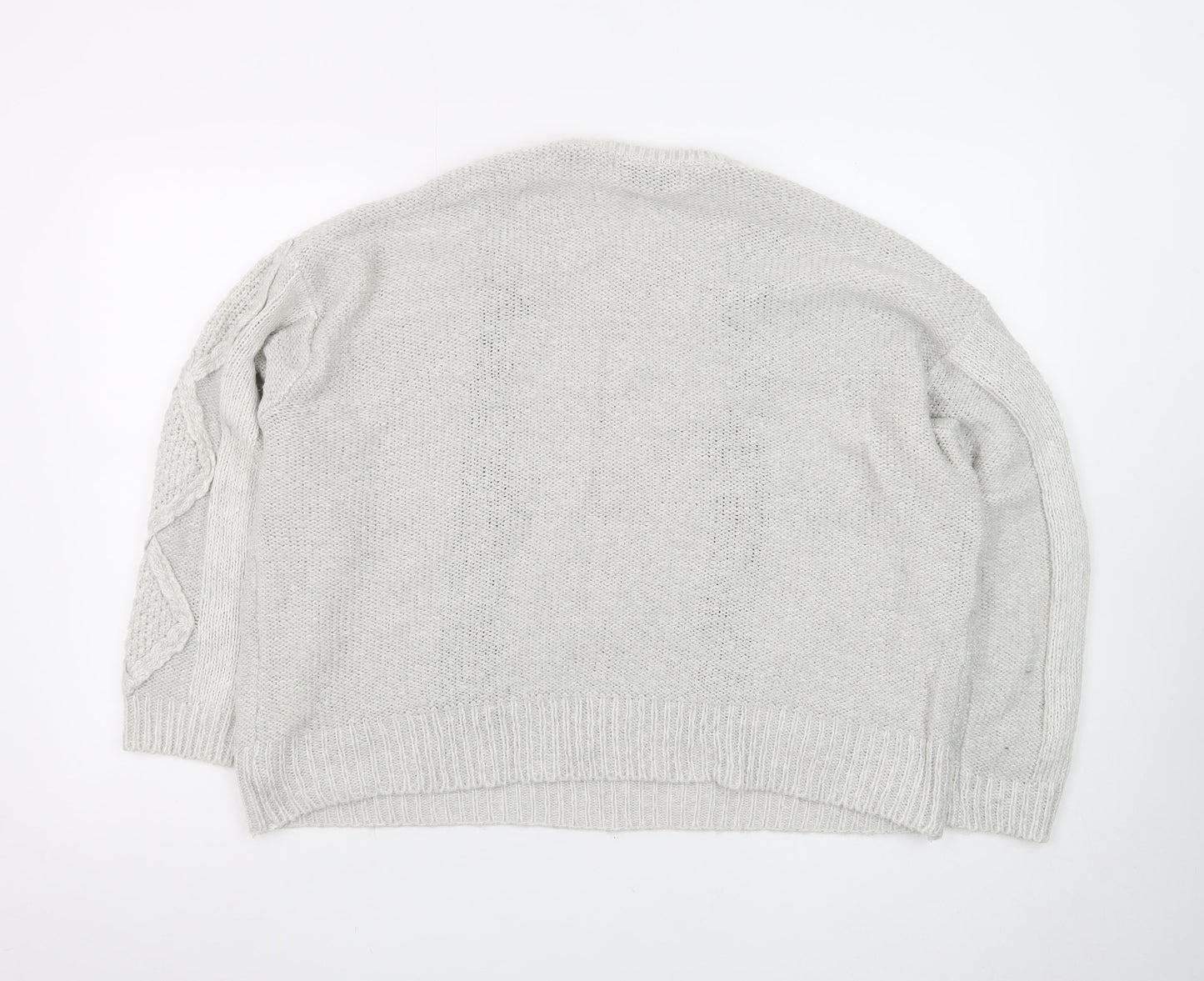 Pull&Bear Women’s Beige Cable-Knit Pullover Jumper Size L Embroidered Floral Autumn