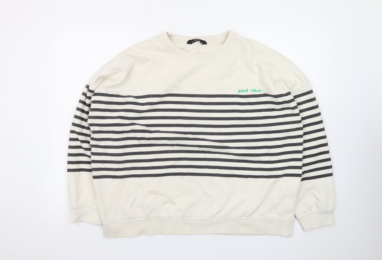 F&F Womens Ivory Striped Pullover Sweatshirt UK 16 Good Vibes Graphic