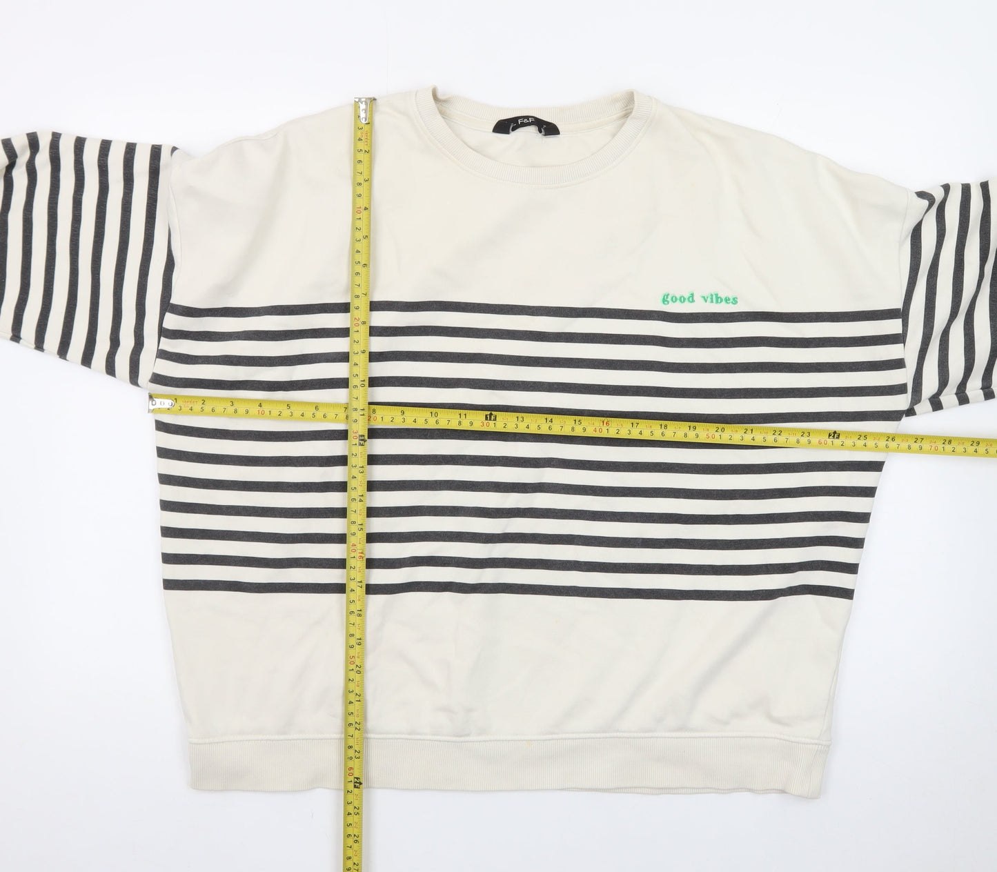 F&F Womens Ivory Striped Pullover Sweatshirt UK 16 Good Vibes Graphic
