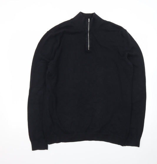 Topman Men's Black XL 1/2 Zip High Neck Cotton Jumper