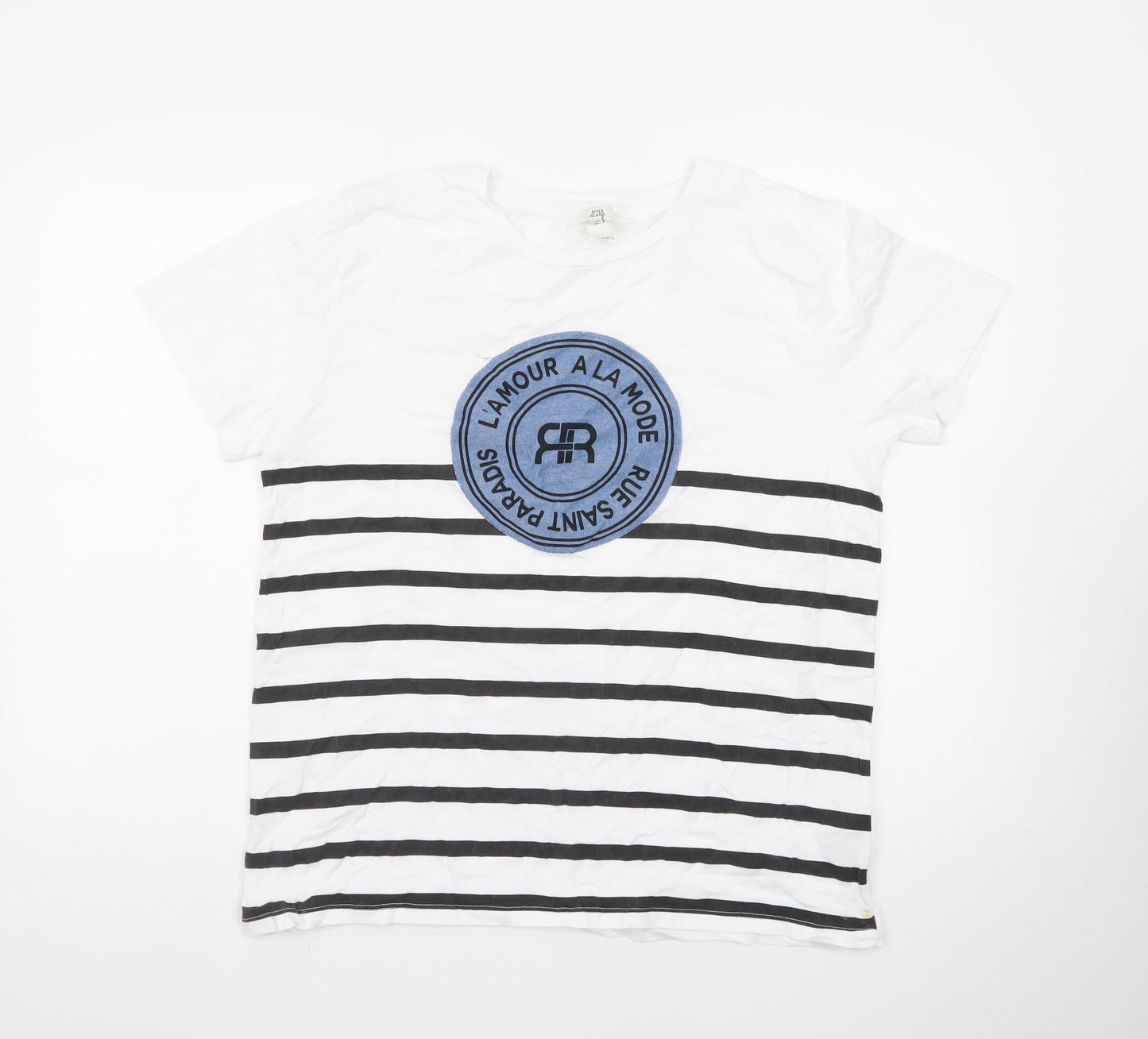 River Island Women White Striped T-Shirt UK 16 Cotton Crew Neck