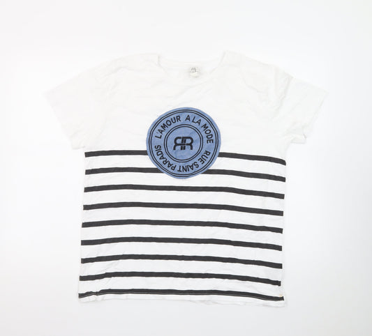 River Island Women White Striped T-Shirt UK 16 Cotton Crew Neck