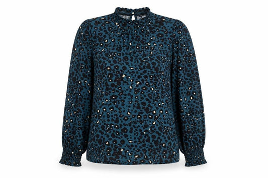 M&Co Women Blue Animal Print High Neck Long Sleeve Tunic Blouse UK 14