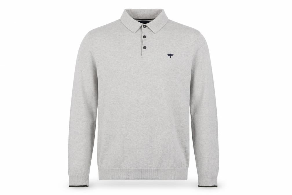 Front view of Easy Men's Grey Long Sleeve Cotton Polo Shirt Medium