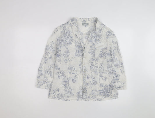 Wallis Women White Floral Linen Blend 3/4 Sleeve Blouse Size 14