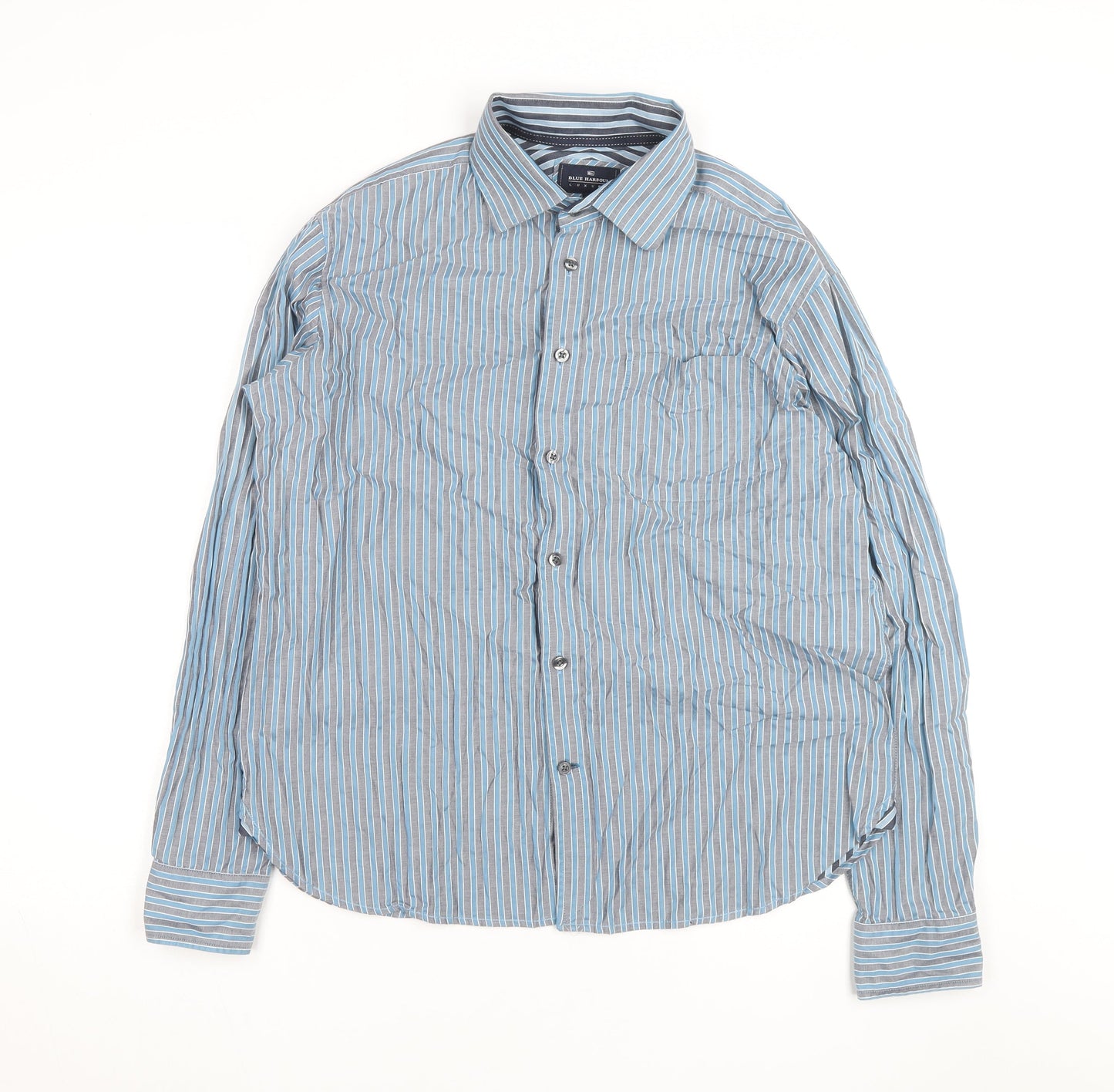 Marks and Spencer Blue Harbour Men's Blue Striped Cotton Long Sleeve Shirt L