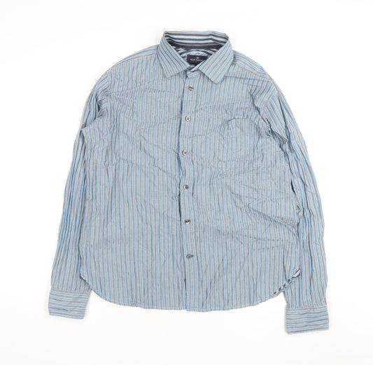 Marks and Spencer Blue Harbour Men's Blue Striped Cotton Long Sleeve Shirt L