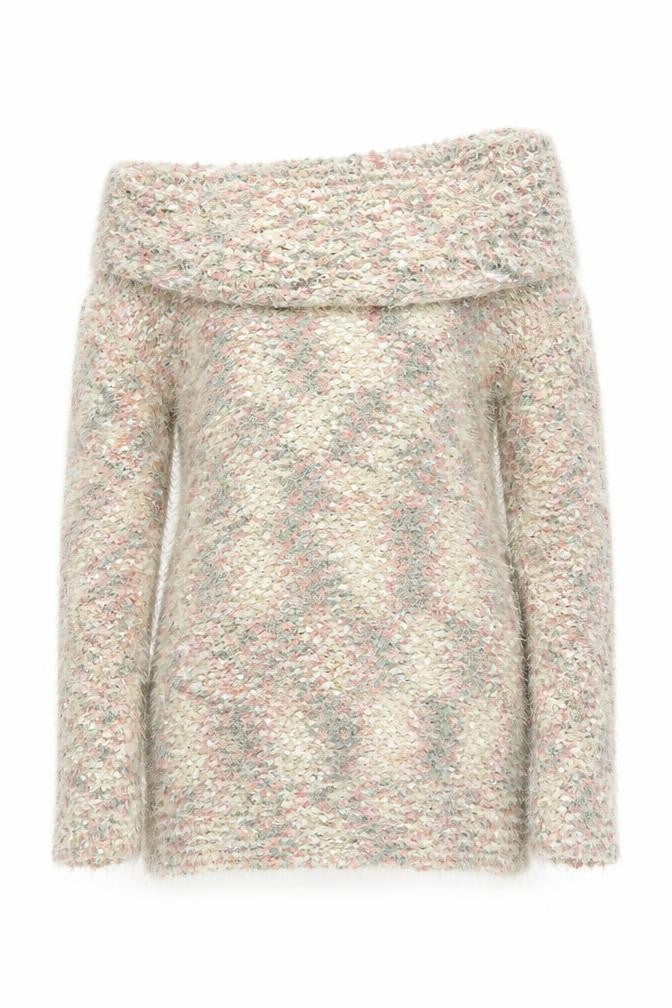 Front view of Papaya Women Pink Multicoloured Off Shoulder Fuzzy Knit Jumper, size M