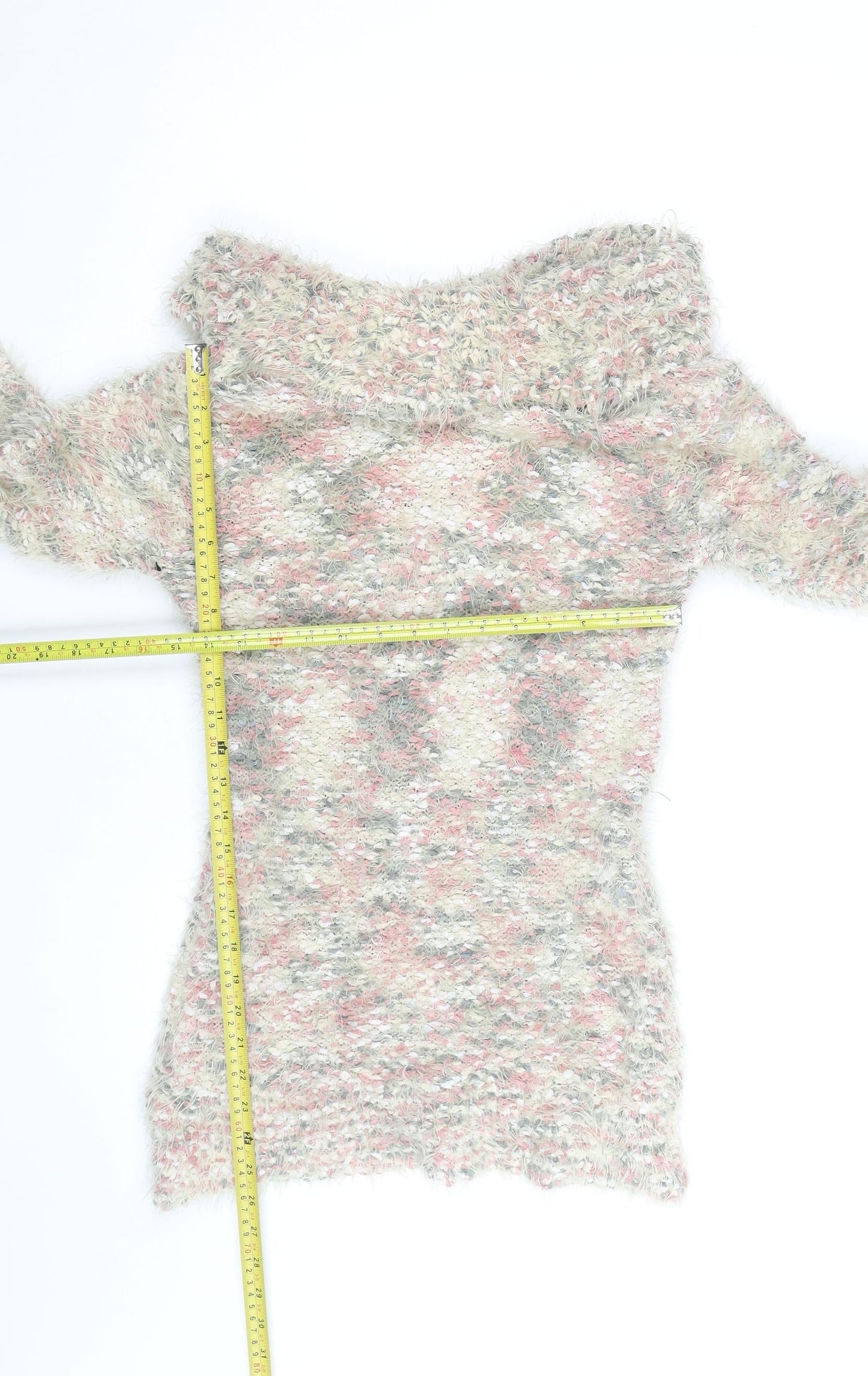 Papaya Women Pink Multicoloured Off Shoulder Fuzzy Knit Jumper Size M