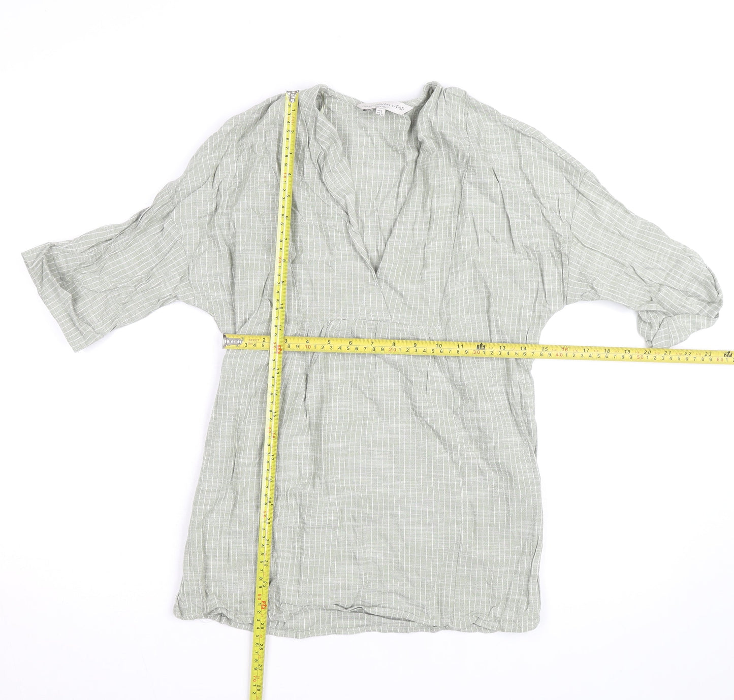 F&F Women’s Green Check Cotton Tunic Blouse Size S V-Neck 3/4 Sleeve