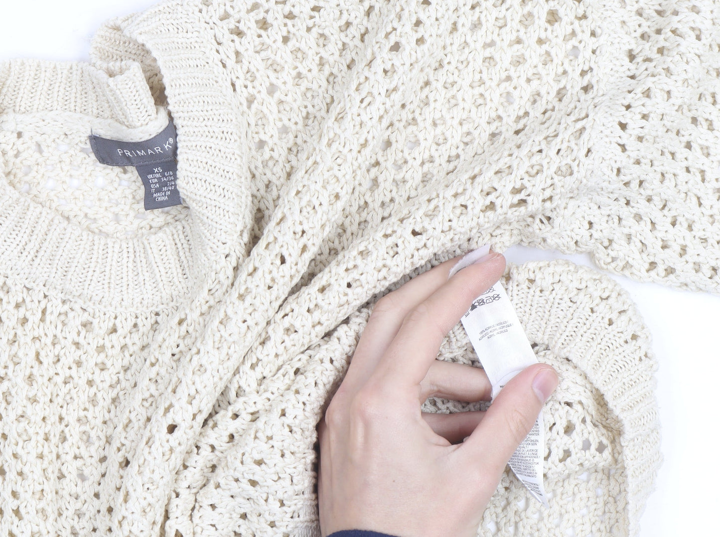 Primark Women Beige XS Open-Knit Cotton Crew Neck Jumper