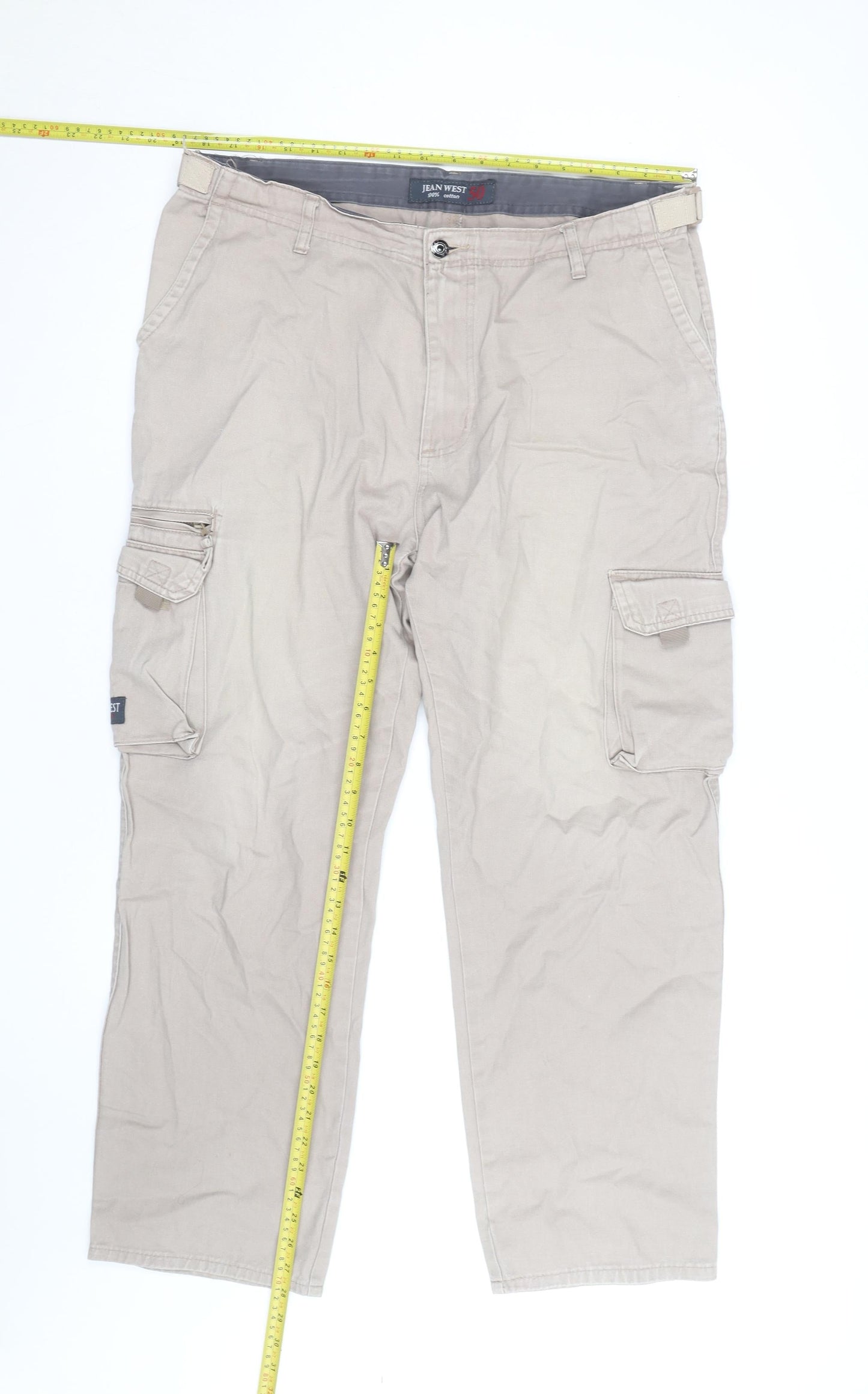 Jean West Men's Beige Cargo Trousers 2XL 50in Cotton Relaxed Fit