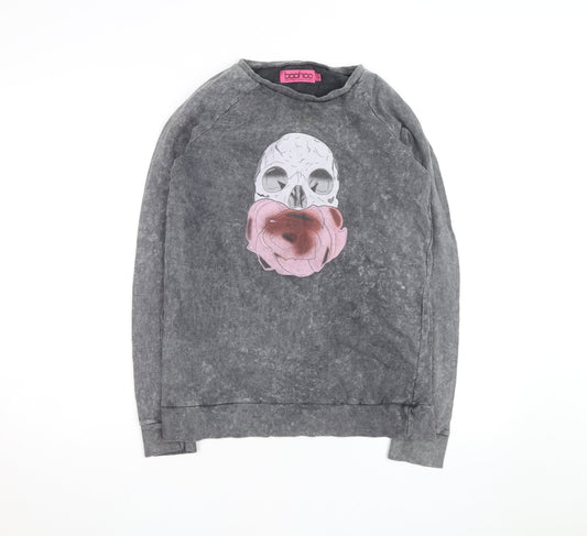 Boohoo Womens Grey Skull Floral Graphic Pullover Sweatshirt UK 10