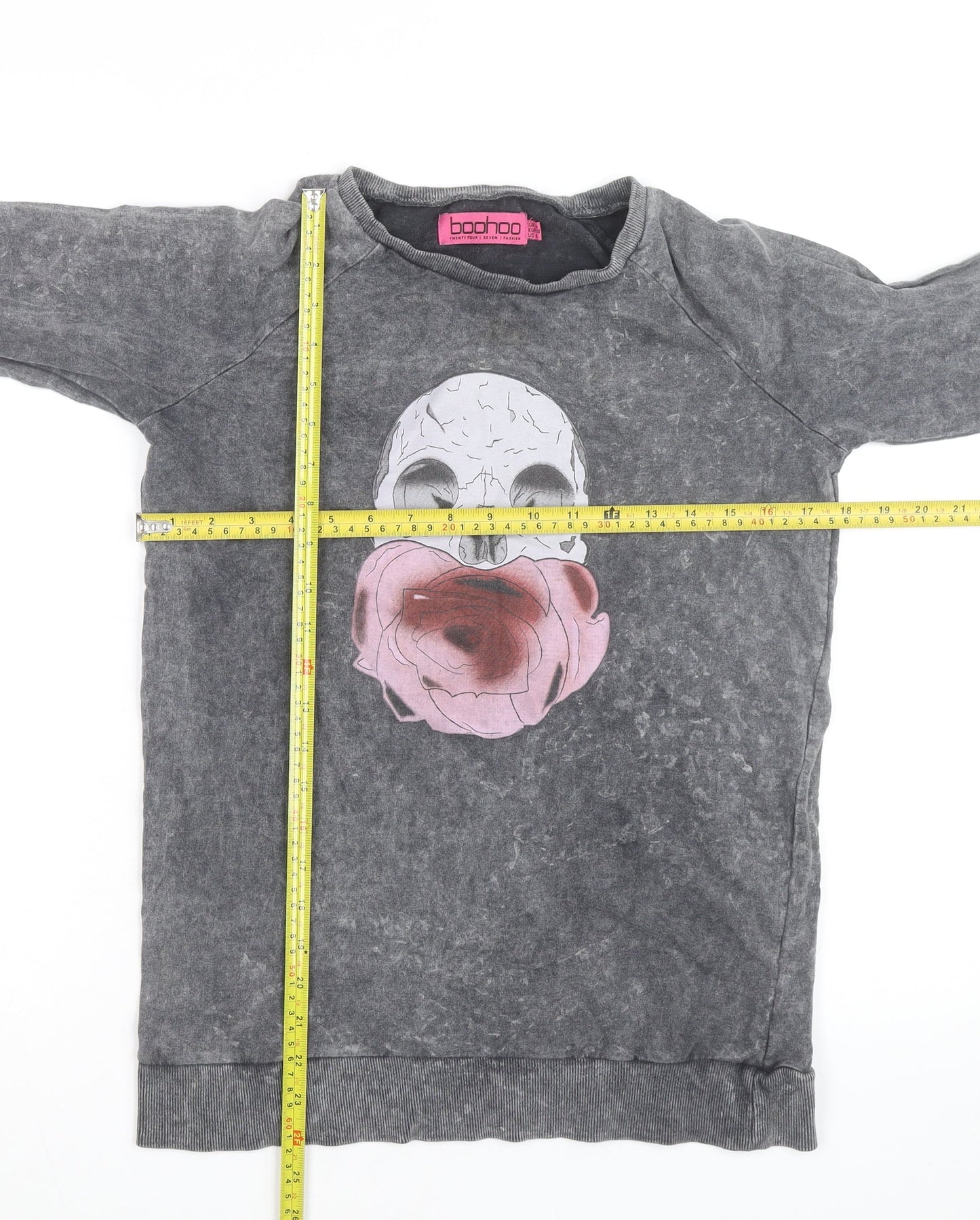 Boohoo Womens Grey Skull Floral Graphic Pullover Sweatshirt UK 10