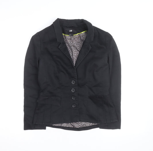 H&M Women Black Cotton Blend Blazer Jacket Size 2 Regular