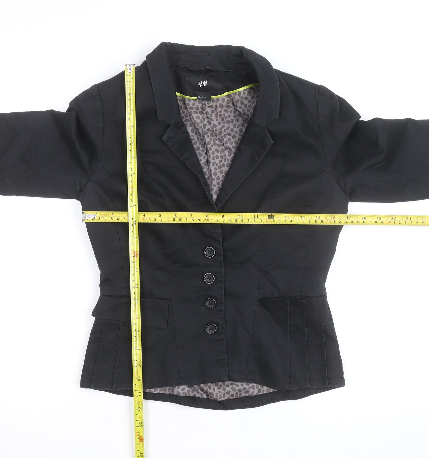 H&M Women Black Cotton Blend Blazer Jacket Size 2 Regular