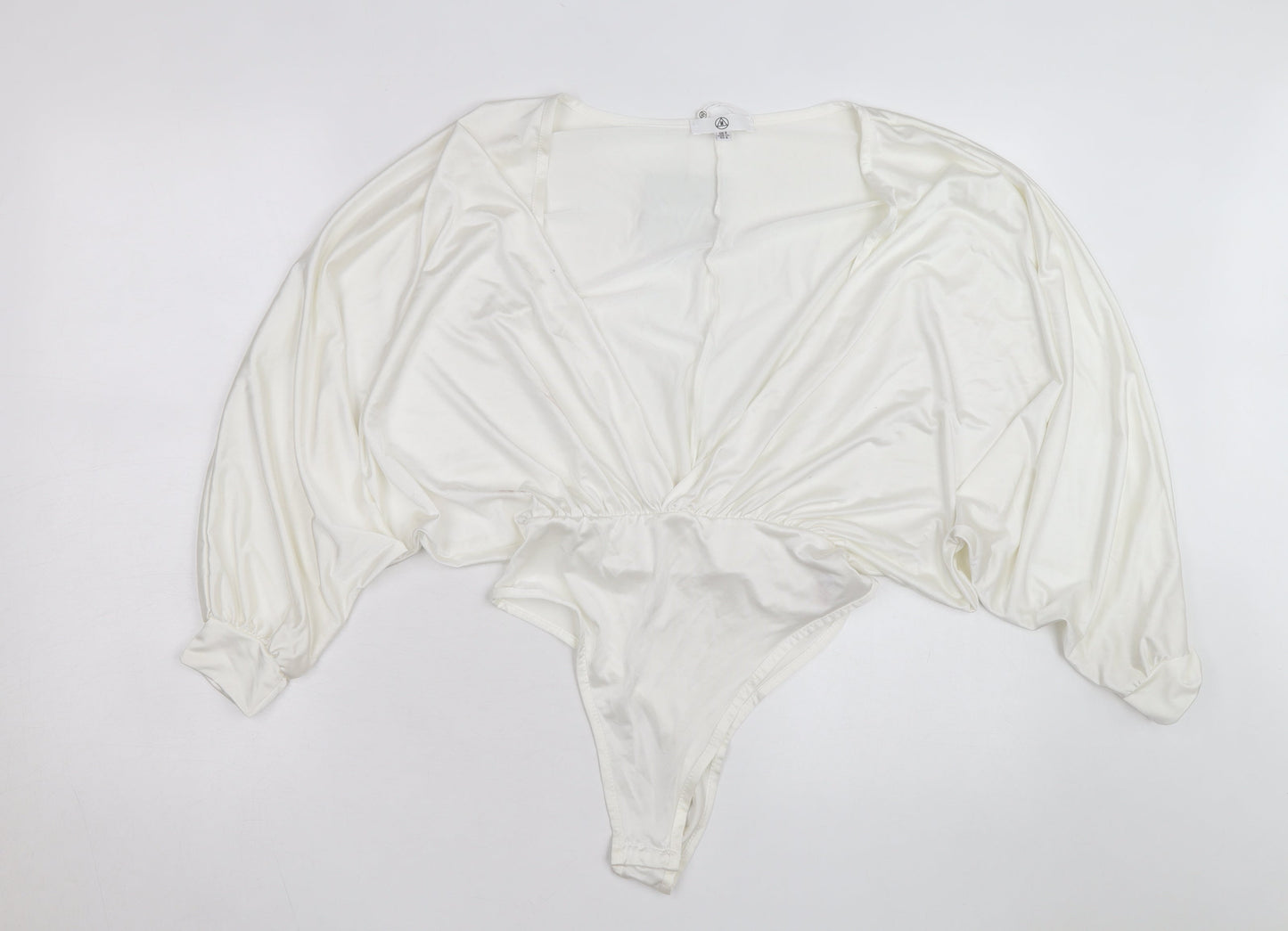 Missguided Women Ivory Satin Bodysuit UK 8 Long Sleeve Deep V Wrap Style