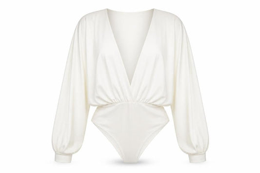 Front view of Missguided Women Ivory Satin Bodysuit UK 8 Long Sleeve Deep V Wrap Style